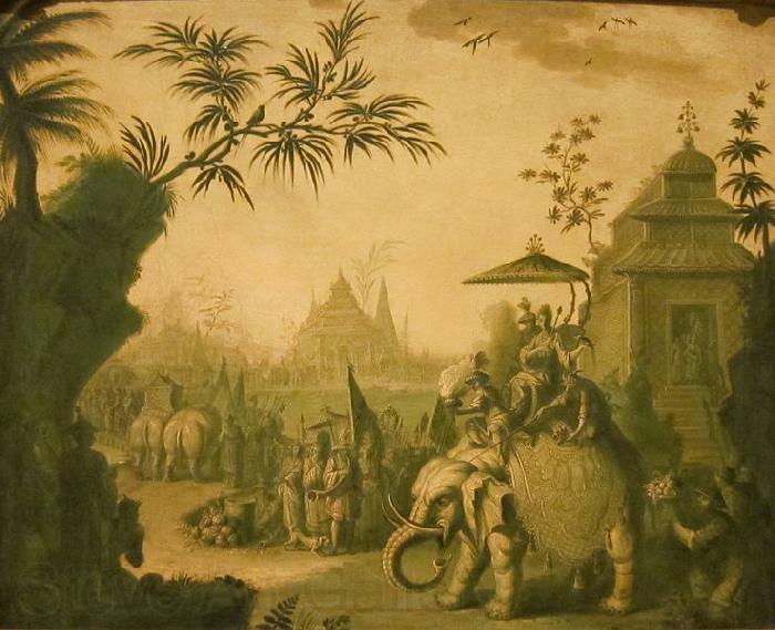 Jean-Baptiste Pillement A Chinoiserie Procession of Figures Riding on Elephants with Temples Beyond